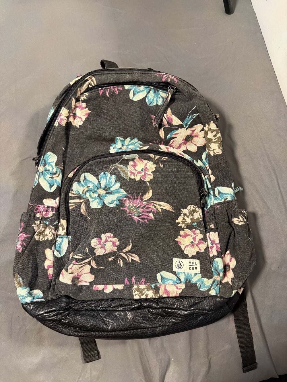 Volcom Floral Print Canvas Backpack with Faux Leather Base